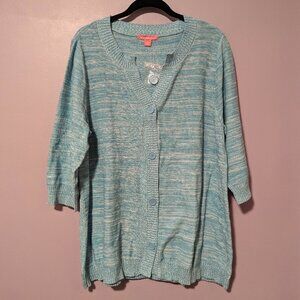 NWOT Woman Within button front v-neck cardigan with 3/4 sleeves - light blue, L